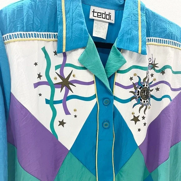 Vintage 80s Teddi Celestial Collared Blouse X Large Moon Stars Turquoise Purple - Picture 2 of 5